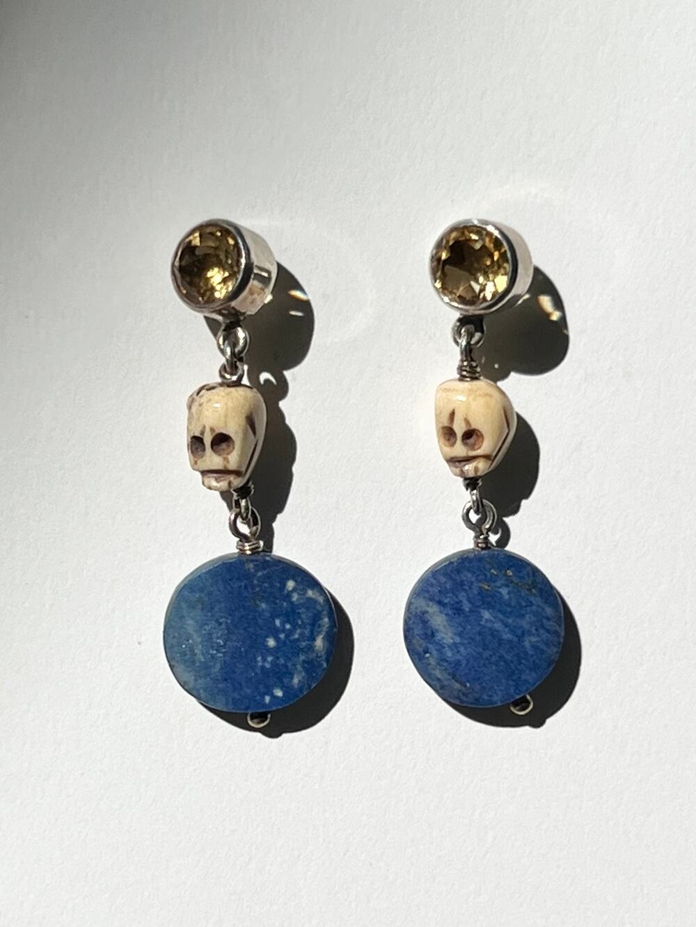 Tibetan Yak Bone Skull Citrine Lapis Lazuli Sterling 925 Silver Dangle Earrings